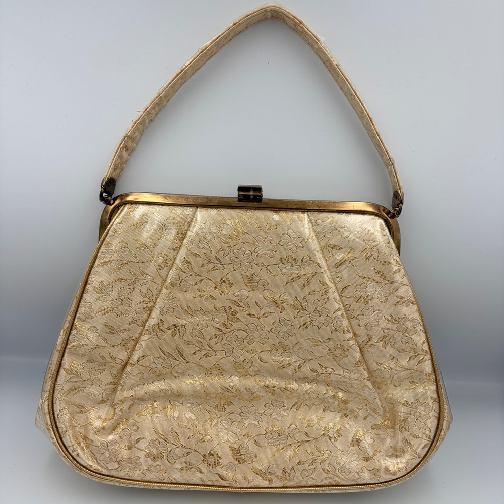 JR Florida Vintage Gold Floral Brocade Evening Clutch Handbag Kiss Lock Frame